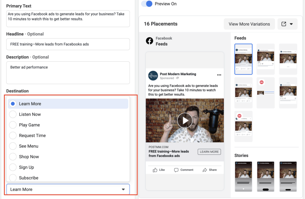 Facebook Ads CTA Button