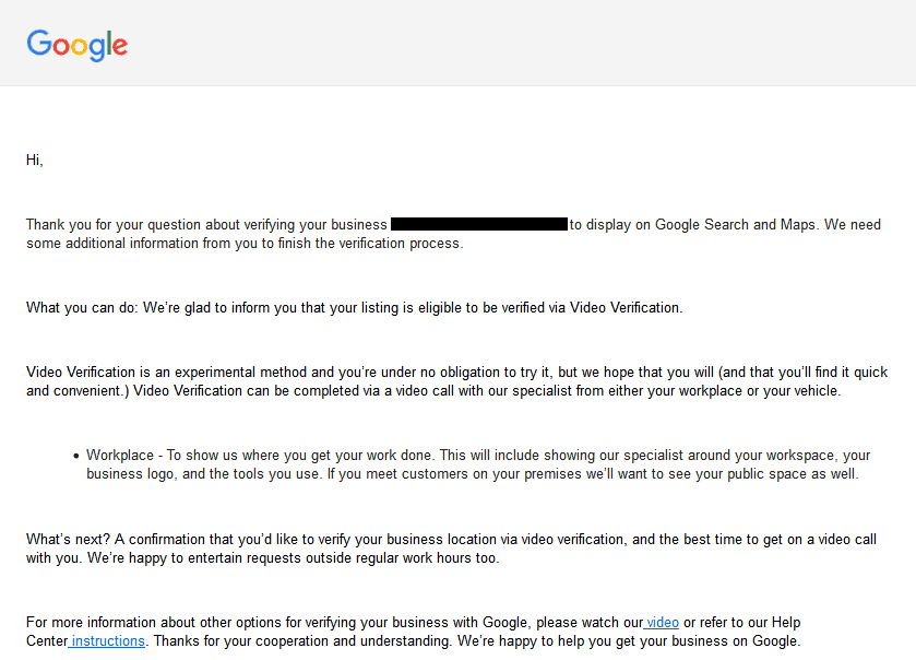 Google Video Verification Email