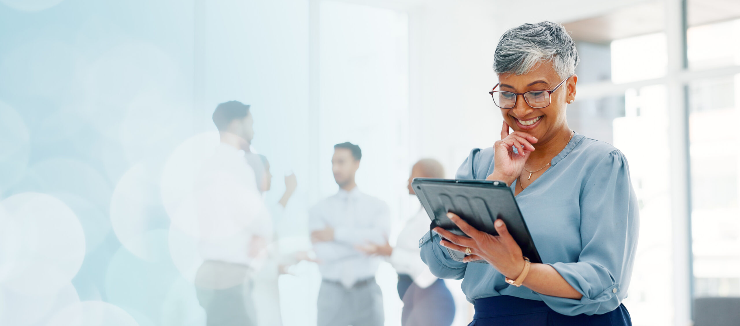 Business, leadership and woman with tablet and glasses working in creative marketing agency