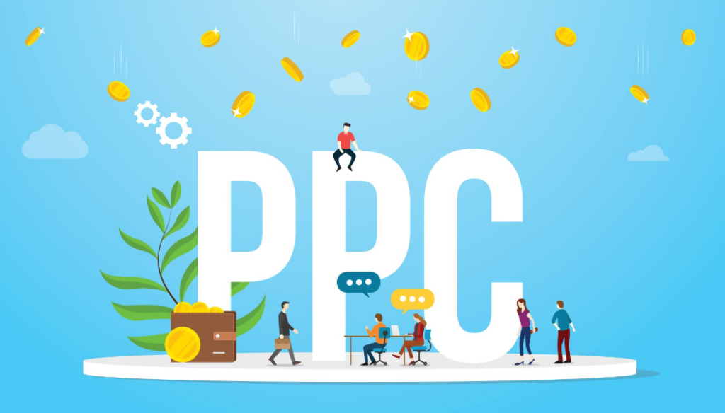 Letters PPC in white with coins raining down on little people.