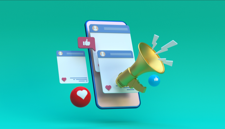 Phone with social apps running and a bullhorn