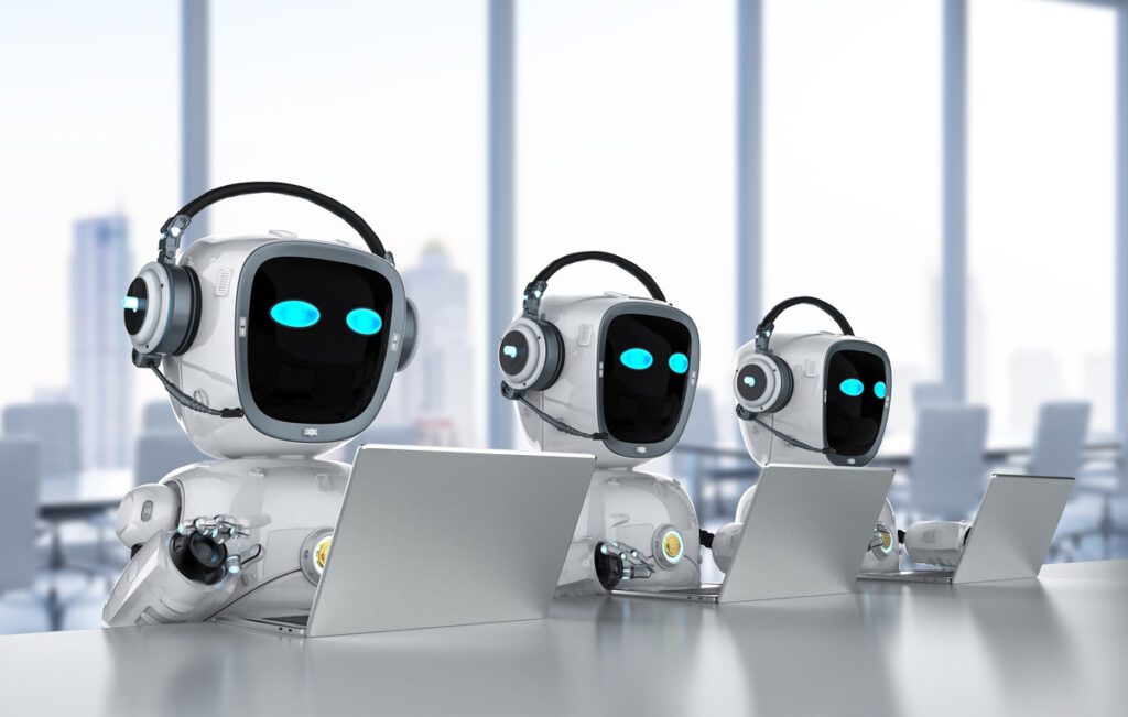 AI generated image of toy robots sitting in front of laptops