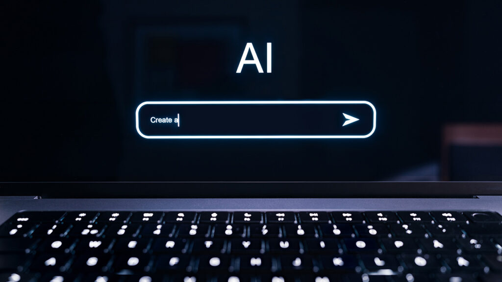 AI generated image of an AI search box displayed on a laptop screen