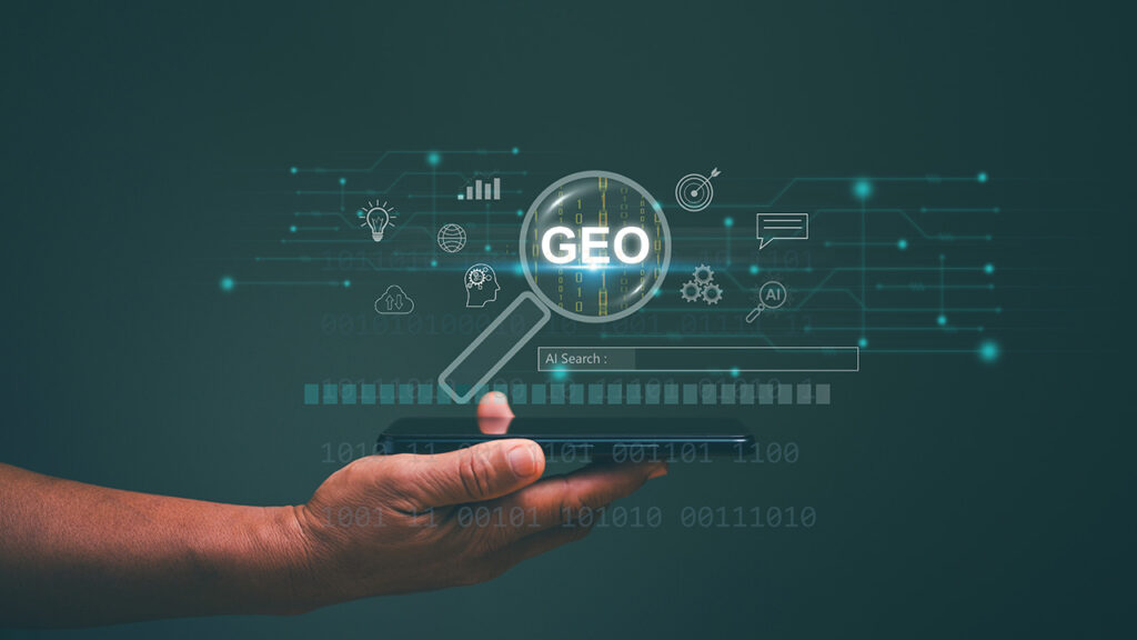 AI generated image of hand holding a phone with illustrations of web icons