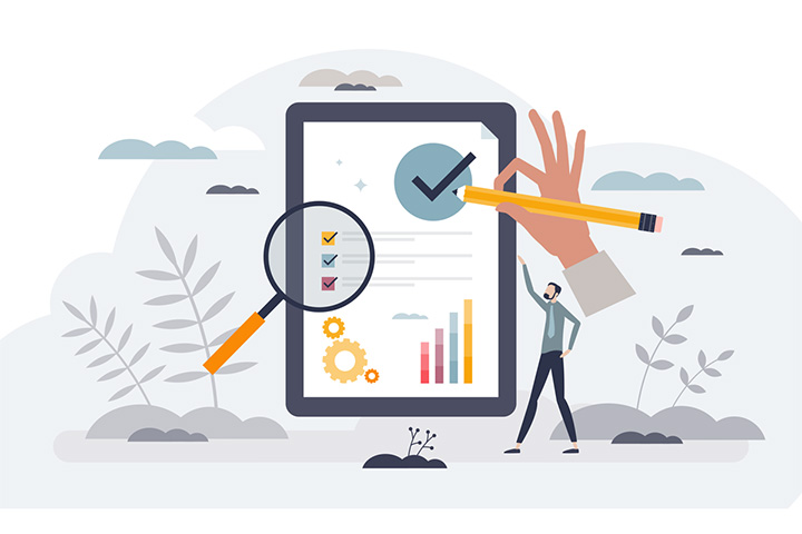 Illustration of a tablet with a hand holding a pencil and a magnifying glass above it