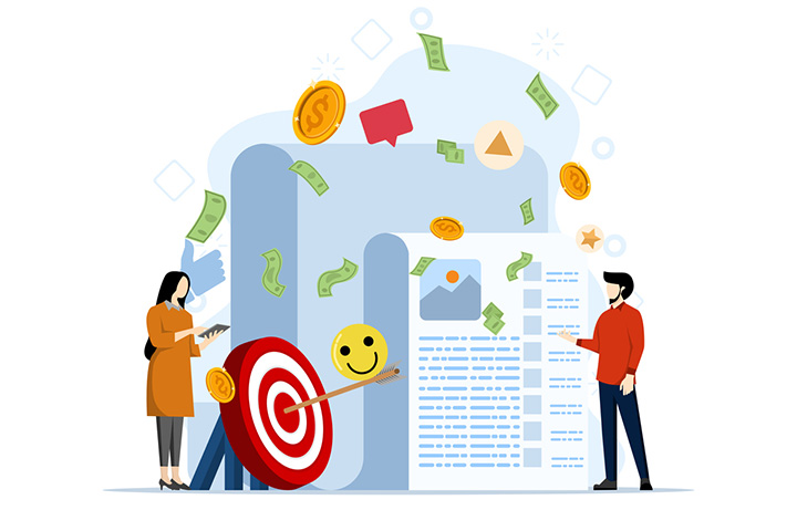 Illustration of two people facing each other with an archery target next to one and money, shapes, and icons floating between them