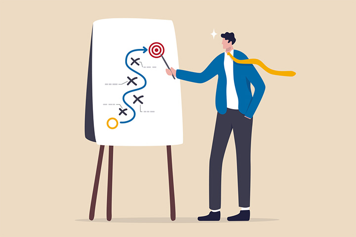 Illustration of a businessman in front of a whiteboard