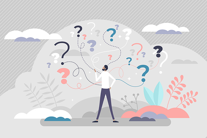 Illustration of a man standing in a desert surrounded by question marks