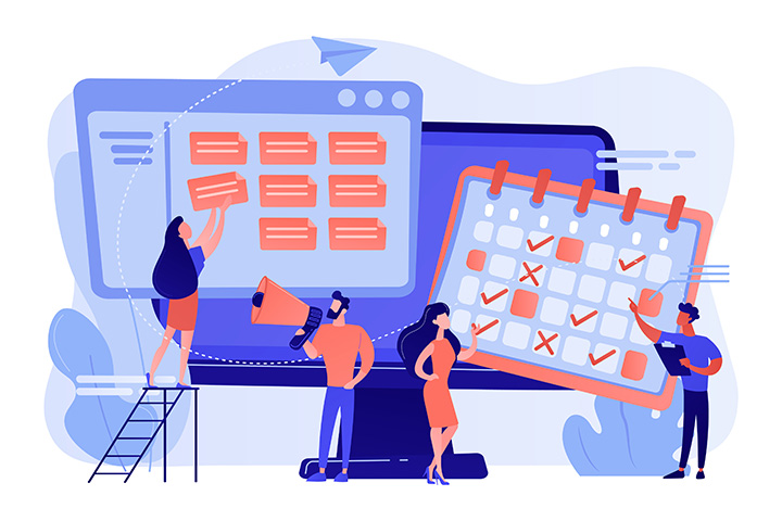 Illustration of people working with files and a content calendar with a paper airplane flying above