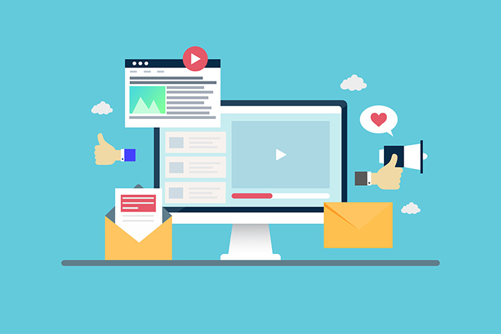 Illustration of a monitor with a closed envelope, open envelope, and response metrics