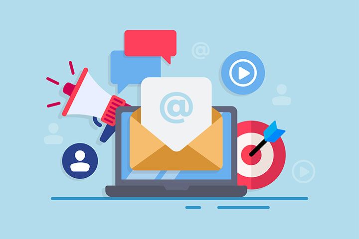 Illustration of an envelope with an @ symbol sticking out of it and surrounded by a megaphone and a bullseye target