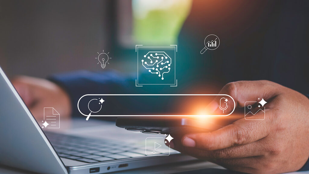 Image of a person on a laptop with an illustrated search bar above their hands