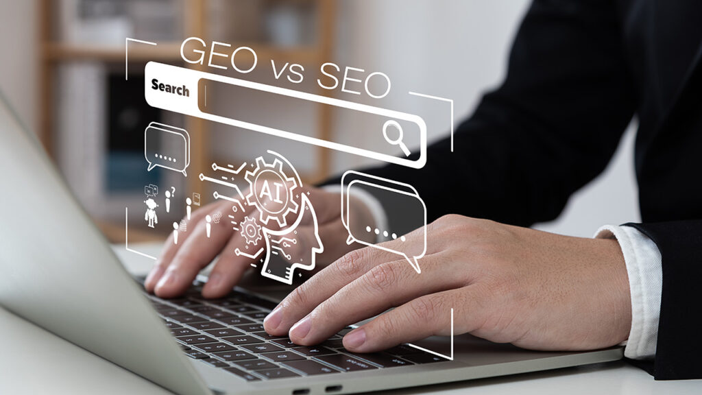 Image of a person typing on a laptop with illustrations of search icons above the keyboard