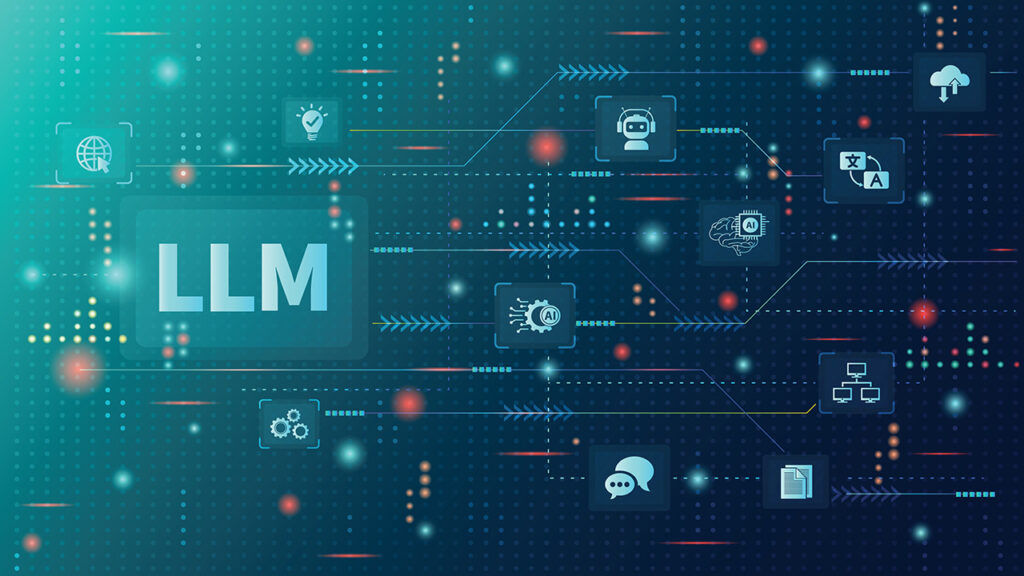 Image of a wire and circuit diagram connecting the letters LLM to different associated icons and illustrations