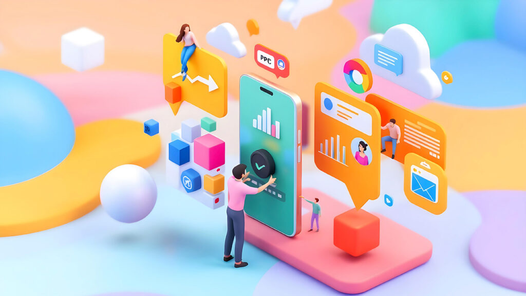 AI generated image of a preexisting illustration style depicting claymation people, text bubbles, and cell phone