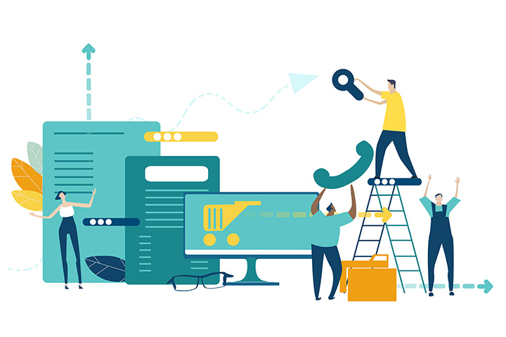 Illustration of people building a digital storefront on a computer screen