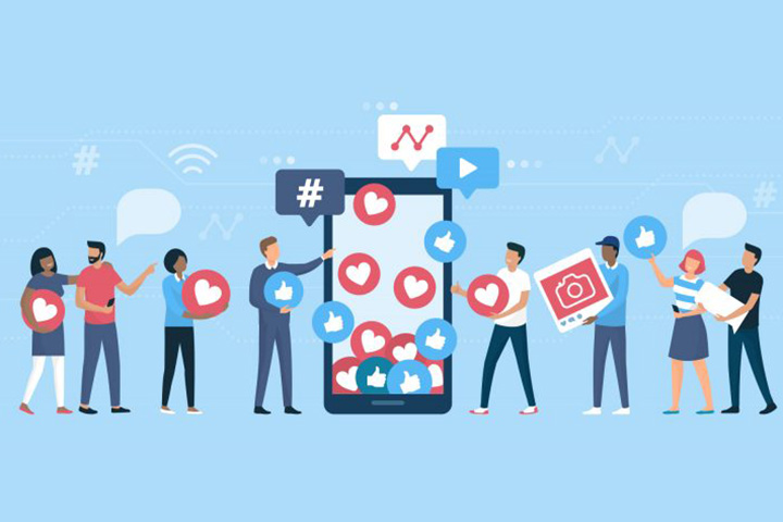 Illustration of people placing emoji reaction icons into an oversized cell phone