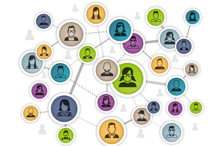Illustration of icons in bubbles representing users and their connections to each other